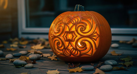 Halloween pumpkin lantern on wooden table with autumn leaves. Halloween conceptの素材