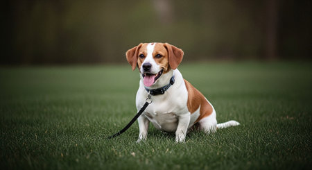 Beagle dog sitting on green grass in the park. Dog portraitの素材