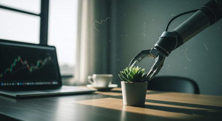 Close up of a hand of a businessman watering a plant in a coffee shopの素材
