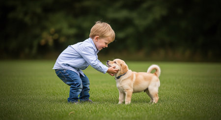 Cute little boy playing with a labrador retriever puppy outdoorsの素材