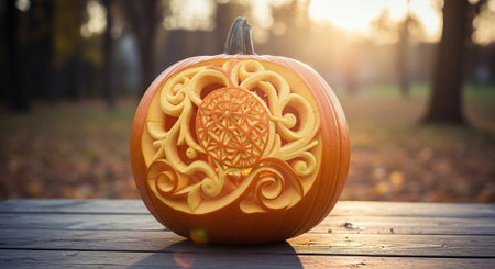 Halloween pumpkin on wooden table in autumn park. Happy Halloween.の素材