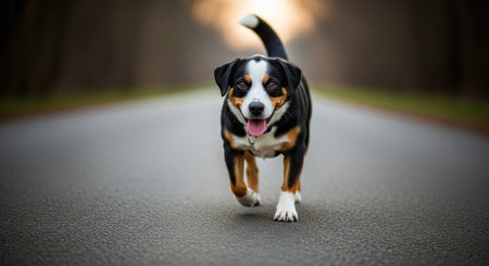 Portrait of a cute black and white mixed breed dog standing on an asphalt road.の素材