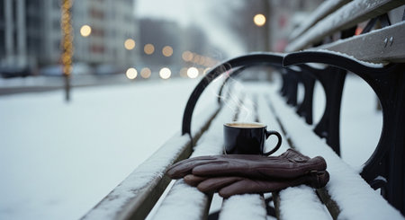 Cup of coffee on a bench in the city at winter.の素材