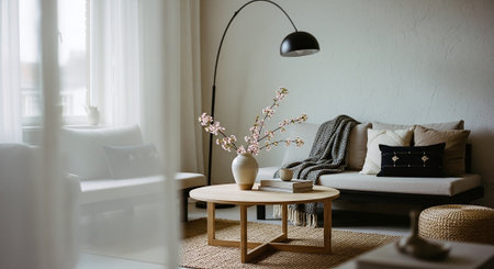 Interior of modern living room with sofa, coffee table and lampの素材