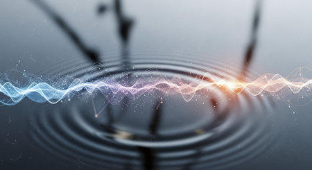 Fractal image with blue and red lightning over water surface.の素材