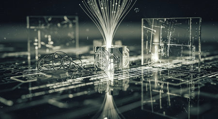 3D illustration of abstract technology concept with circuit board and microchipsの素材