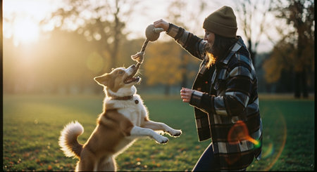 Young woman playing with her dog in the park at sunset. Cute mixed breed dog.の素材