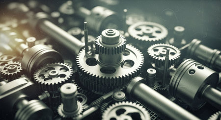 Mechanical gear wheels, cogwheels and bearings. Industrial backgroundの素材