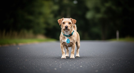 Labrador retriever dog standing on the road with a blue collarの素材
