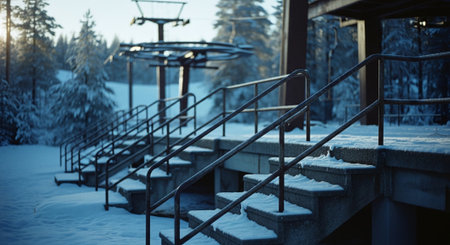 Ski lift in the mountains at sunset. Ski resort in the winter.の素材