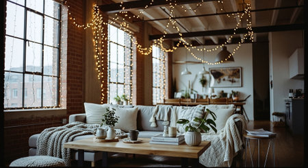 Cozy living room with coffee table, sofa, coffee cup and decorative garlandの素材