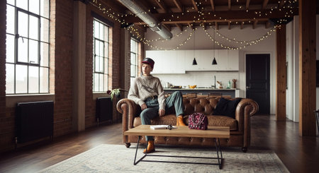 Young man sitting on a sofa in a loft apartment, looking at the cameraの素材