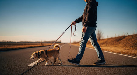 Young man walking his chihuahua dog on the road.の素材
