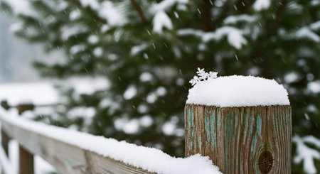Snow on a wooden fence in the garden. Winter background. Selective focus.の素材