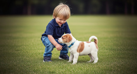 Cute little boy playing with a dog in the park on a summer dayの素材