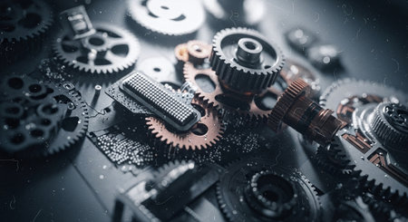Mechanical gears and cogwheels close-up. Technology backgroundの素材