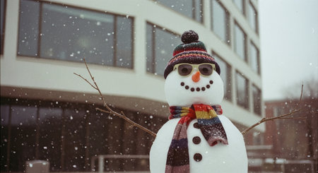 Snowman in a hat and scarf on a background of a buildingの素材