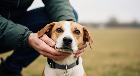 Beagle dog in the hands of a man on a blurred backgroundの素材