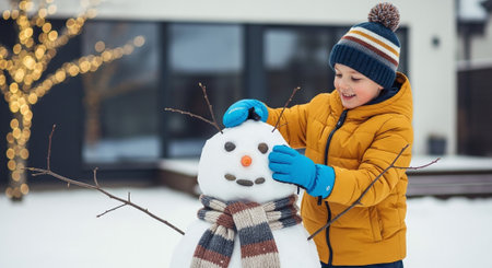 Little girl making a snowman in front of her house. Winter concept.の素材