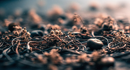 Close up of dried flowers on black wooden surface. Selective focus.の素材