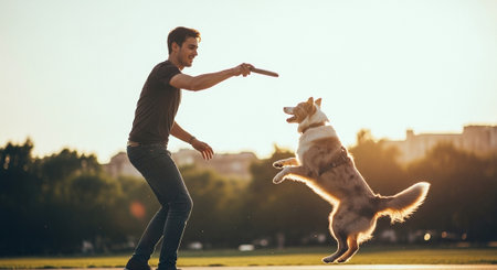 Young man playing with his dog in the park. Friendship between man and dogの素材