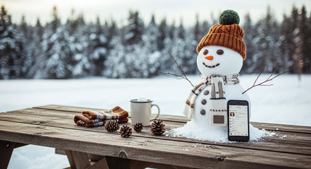 Christmas and New Year concept. Snowman with smartphone on wooden table in winter forest.の素材