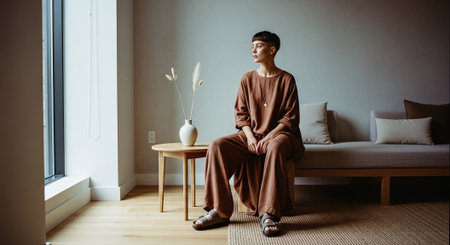 Young asian woman sitting on the floor and looking out the windowの素材