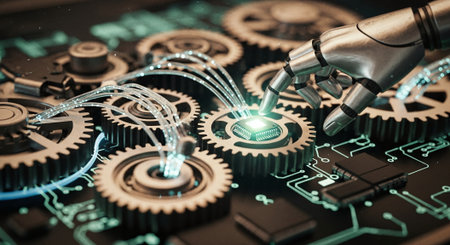3D rendering robot hand working on a circuit board with gear wheelsの素材