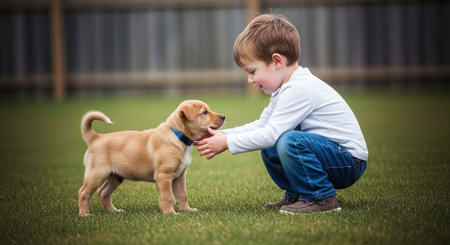 Cute little boy playing with golden retriever puppy on the grassの素材