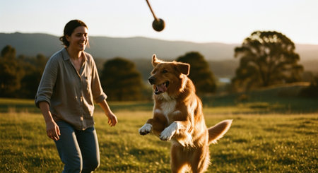 Happy young woman playing with her dog at sunset in the countryside.の素材