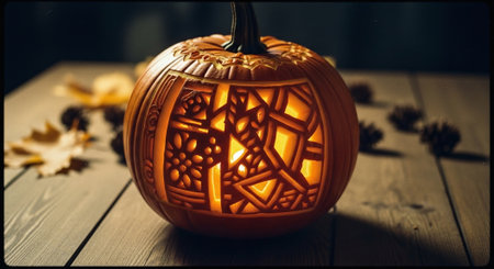 Halloween pumpkin on wooden background. Selective focus. Holiday.の素材