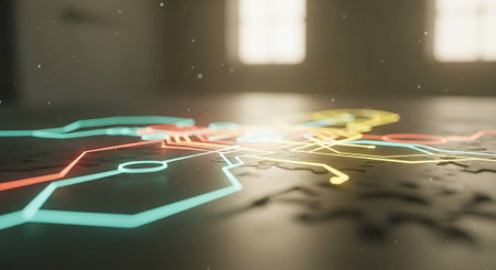 3D rendering of a city map with a network of neon lightsの素材