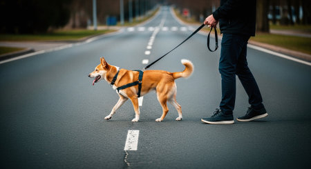 Man walking a dog on the road. Shiba Inu.の素材