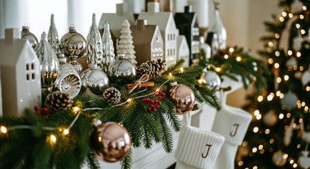 Decorated Christmas tree with toys and garlands on blurred backgroundの素材