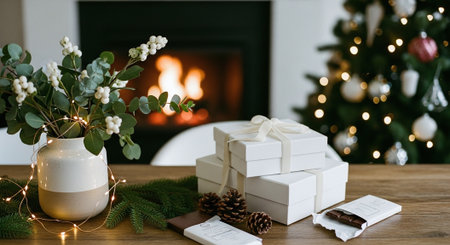 Christmas presents in front of fireplace on wooden table in living room.の素材