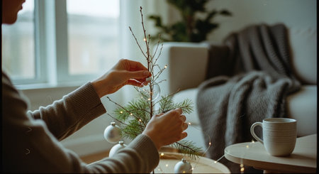 cropped view of woman holding christmas tree near cup with hot drinkの素材