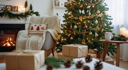 Christmas tree with presents in living room at home. Christmas background.の素材