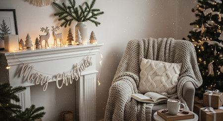 Cozy living room with Christmas tree, fireplace, armchair and christmas decorationsの素材