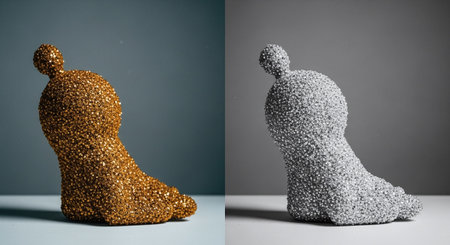 3d rendering of a female figure made of golden sequins.の素材