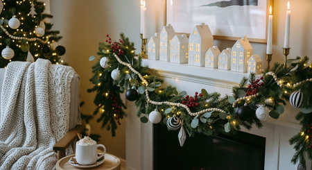 Beautiful Christmas interior with fireplace, Christmas tree and Christmas decorations.の素材