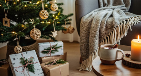 Cozy home interior with Christmas tree, coffee cup and gift boxesの素材