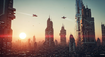 Futuristic aircrafts flying over the city. 3d renderingの素材