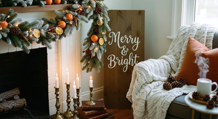 Christmas and New Year background with fireplace, candles and fir branches.の素材