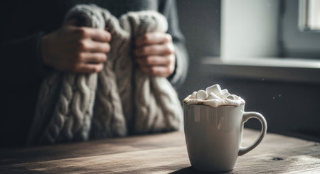 A cup of hot chocolate with marshmallows in the hands of a man in a sweater on the windowsillの素材