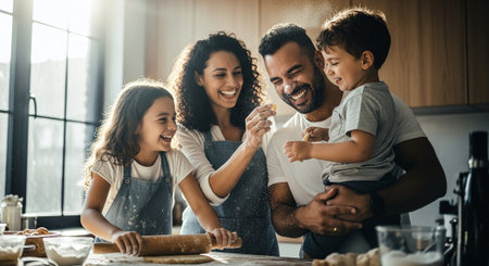Happy family cooking together in the kitchen. Mother, father and their children are preparing cookies.の素材