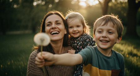 Happy family with dandelion in the park. Mother, father and son.の素材