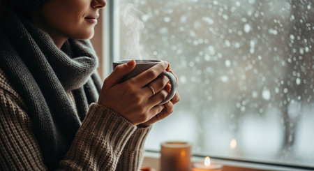 Cropped image of woman in warm sweater holding cup of hot drink and looking out the windowの素材