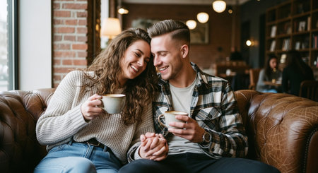 Beautiful young couple in love drinking coffee and smiling while sitting on sofa at homeの素材