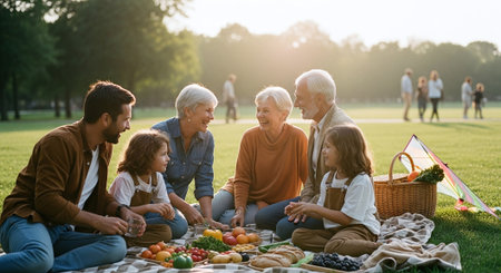 Group of multiethnic family having picnic in the park. They are sitting on the grass and smilingの素材