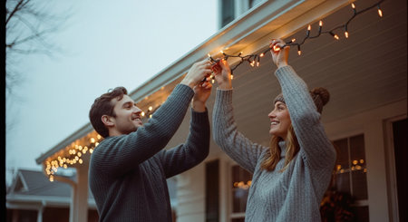 Young couple decorating their house with christmas lights. They looking at each other and smiling.の素材